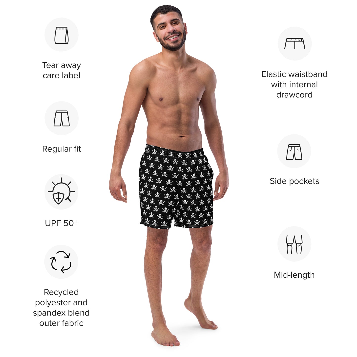Jolly Roger pirate flag print men's swim trunks