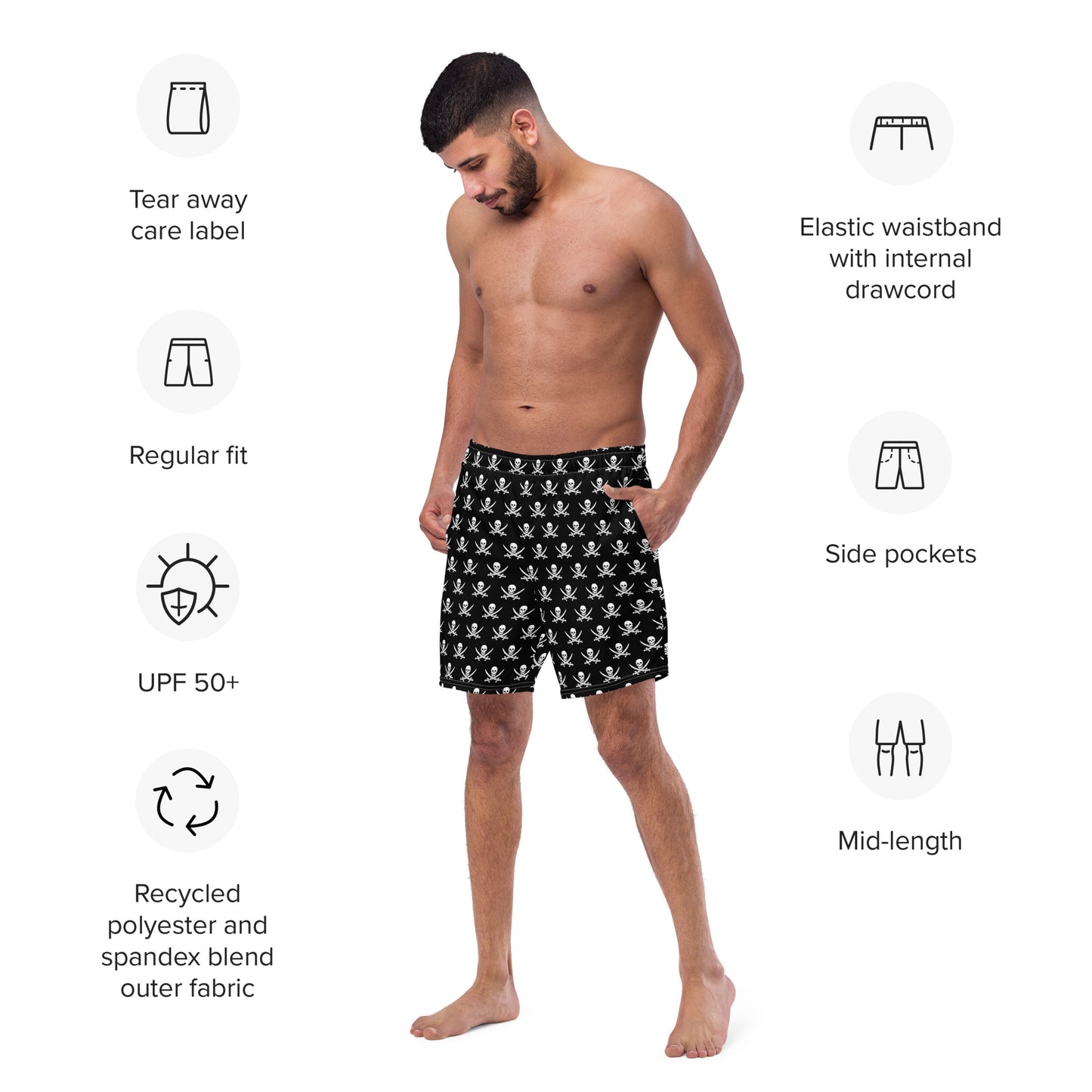 Jolly Roger pirate flag print men's swim trunks