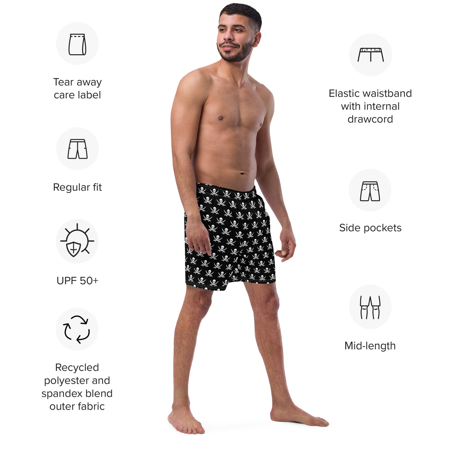 Jolly Roger pirate flag print men's swim trunks